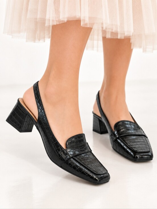 Shoes - Black Croc Embossed Slingback Loafer Pumps Block Heel Shoes EU 39